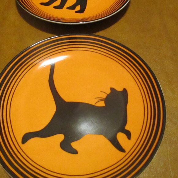 Black Cat Orange Halloween Plates 6.5” Liz Ross The Monkey The Peddler Set Of 4 - Picture 5 of 9